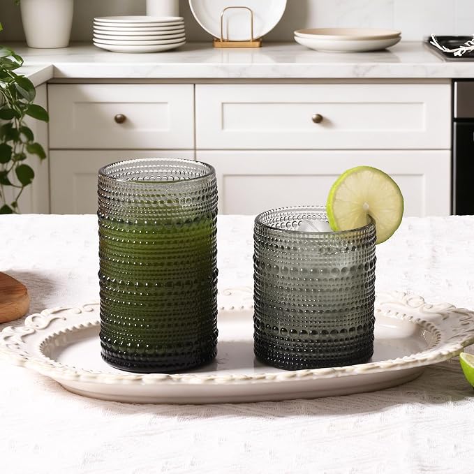 Moretoes Hobnail Drinking Glasses, 12 Piece Gray Water Glass Cups, Mixed Vintage Glassware Set, 6pcs 12oz Highballs and 6pcs 10oz Old Fashioned Glasses, Great for Cocktail, Whisky and Other Beverages