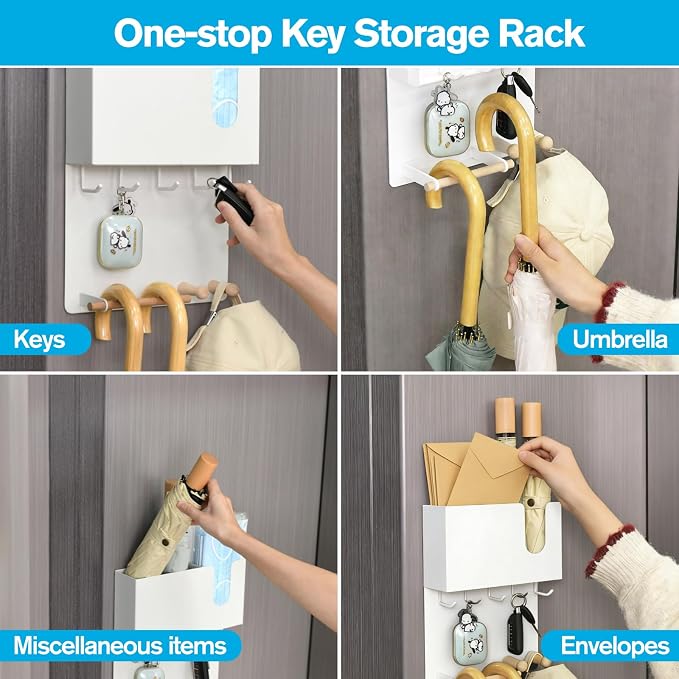 Magnetic Key Holder & Umbrella Holder for Wall, Multi-Functional Entryway Shelf for Tissues. Sturdy Hooks for Keys, Bags. Space Saving Organizer for Apartment, Dorm Room (White)