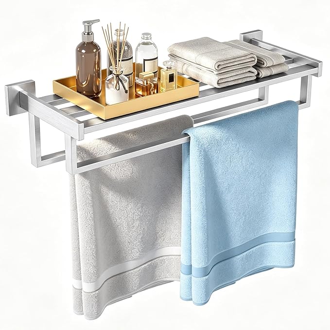 Towel Racks for Bathroom Wall Mounted, 24 Inch Double Towel Bar, Dual Towel Rack with Shelf, Stainless Steel Hand Towel Hanger, Bath Towel Holder for Wall, Brushed Nickel