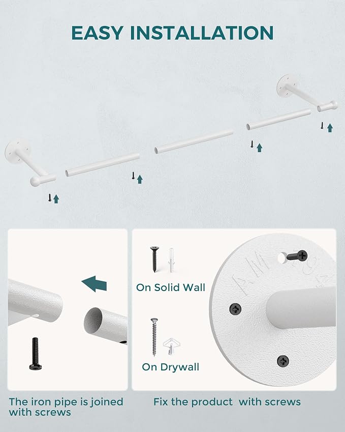 OROPY Industrial Pipe Clothing Rack Set of 2, Wall Mounted Clothes Rack, Closet Rods For Hanging Clothes, 33" Multi-purpose Hanging Rod for Laundry Room, Bedroom and Closet Storage, White
