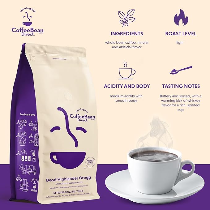 Coffee Bean Direct Decaf Highlander Grogg Flavored, Whole Bean Coffee, 2.5 Pound Bag