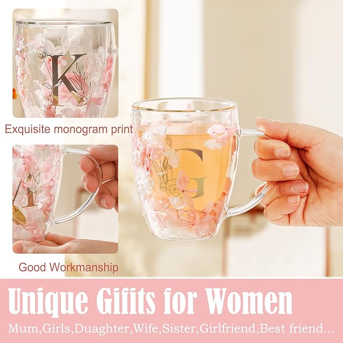 Personalized Gift for Women Flower Glass Coffee Mug Initial Tea cup Monogrammed Customized Bridesmaid Bride Wedding Gifts Graduation Gifts Valentine Mother's Day Birthday Christmas Gift (G)