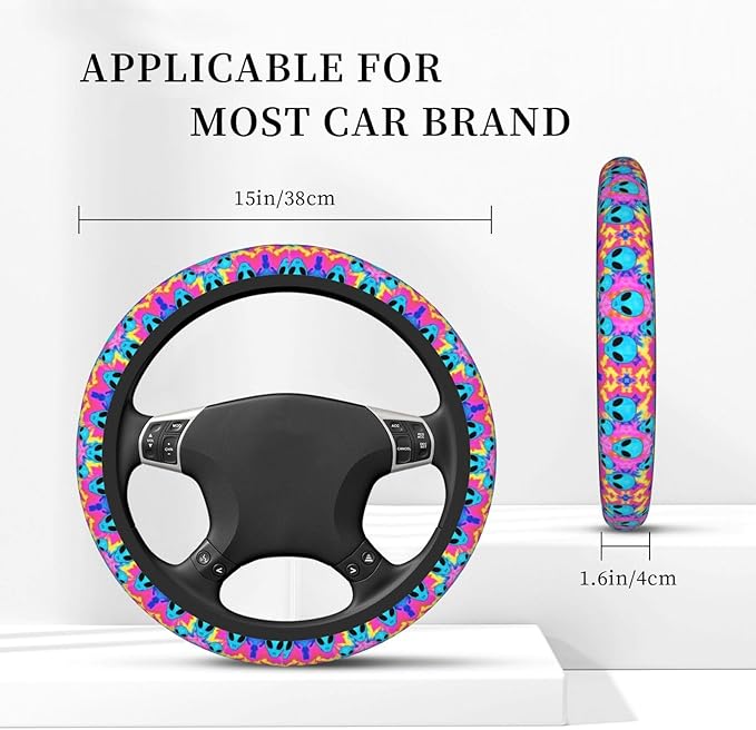 Psychedelic Aliens Neoprene Steering Wheel Covers Women Men Car Accessories, Universal 15 Inch Fit Auto, Suvs, Truck