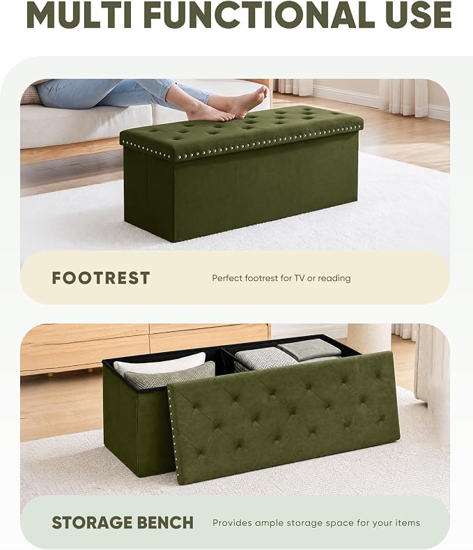 B FSOBEIIALEO Storage Ottoman Bench, Folding Tufted Ottomans with Storage, Extra Large 140L Storage Boxes Footrest Bench for Bedroom, Luxury Velvet Fabric 43 Inches Olive