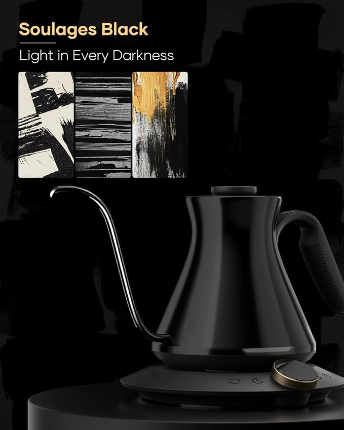 Cocinare Master Collection Soulages Black Gooseneck Electric Kettle, ±0.5℉ Precise Temperature Control for Pour-Over Coffee & Tea, Quick Heating 1500W, Stainless Steel Interior, 0.9L