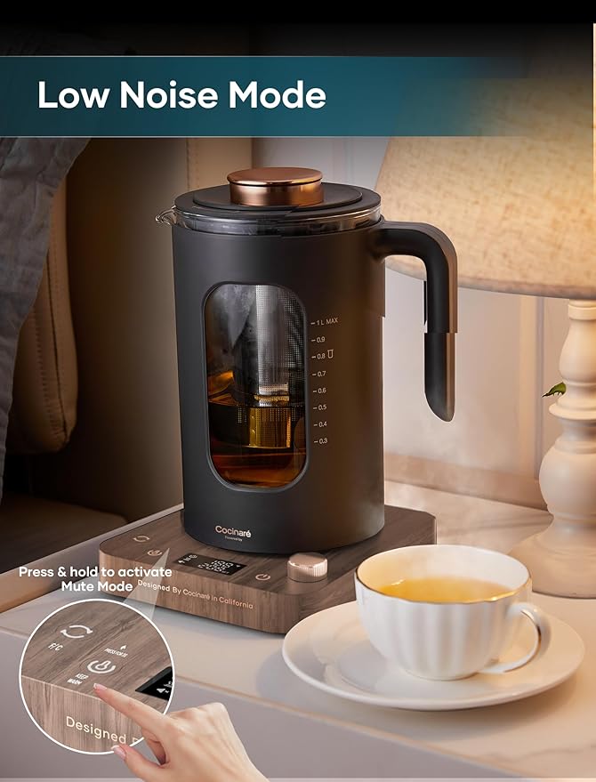 Electric Tea Kettle, Electric Kettle with Tea Infuser, ±1℉ Knob Temperature Control, BPA-Free Glass, 1200W Fast Heating, Easy to Clean, 1 Liter (Wood)