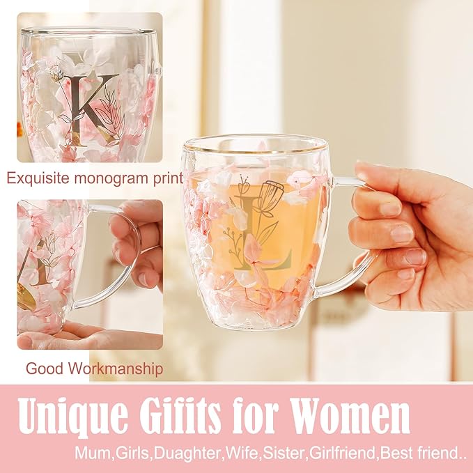 Personalized Gifts for Women Flower Double Wall Cute Novelty Monogrammed Glass Coffee Mug Tea Cup with Spoon Customized Wedding Favors Unique Birthday Christmas Gifts for Bride Wife Friends Sisters(L)
