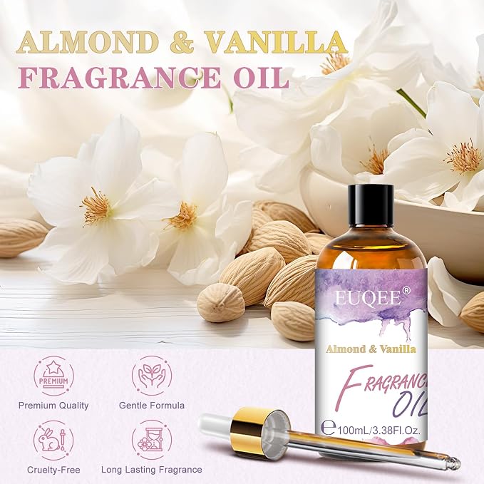 EUQEE Almond & Vanilla Fragrance Oil, 3.38 Fl oz/ 100ml Essential Oils for Diffuser for Home, Candle Making, DIY Soap with Glass Dropper