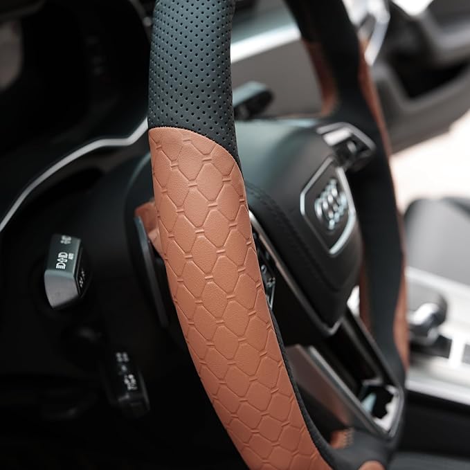 MEWANT Hand Stitch Steering Wheel Cover for Audi A6 2019-2022 A6 Allroad 2020-2022 A7 2019-2022 RS 6 Avant 2021-2022 RS 7 2021-2022 S6 2020-2022 Black Brown Real Leather DIY Interior Accessories