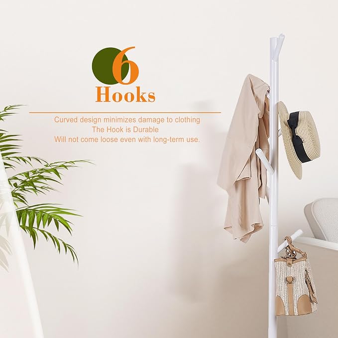 VECELO Coat Rack Freestanding, Entryway Hanger Stand, Umbrella Holder, Hall Tree With Hooks, Floor Standing Tree Stand,White