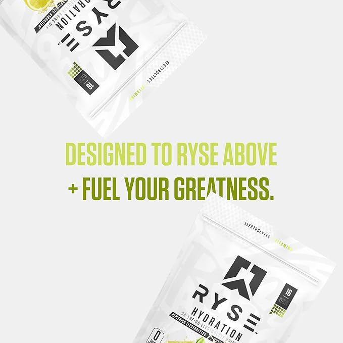 RYSE Hydration Electrolyte Powder Drink Mix Packets - Lemon Lime - Sugar-Free Full Spectrum Electrolytes with Essential Vitamins, Taurine and Choline for Rehydration - 16 Serving Sticks