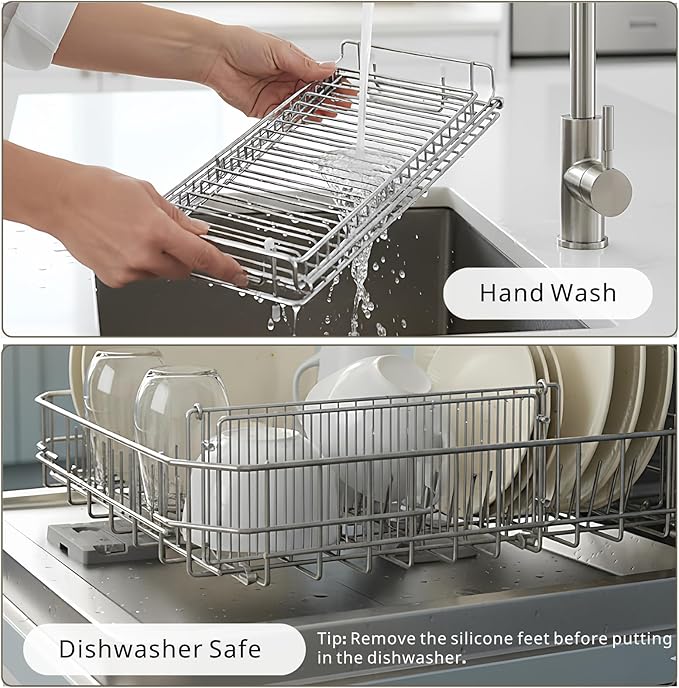 Foldable Dish Drying Rack, Small Dish Drying Rack for Narrow Kitchen Counter, Compact Dishes Drying Rack with Grey Drying Mat - Collapsible, Stainless Steel, Silver