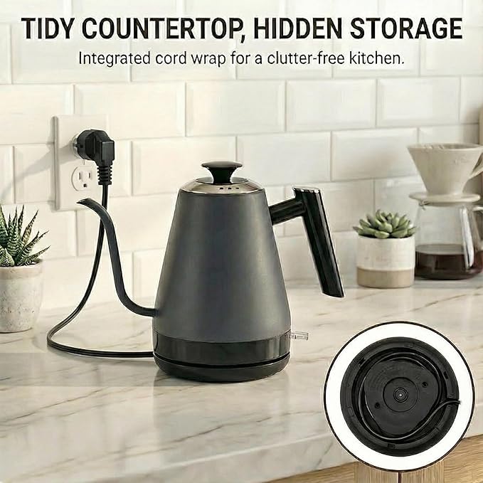 Electric Gooseneck Kettle, Pour Over Kettle for Coffee & Tea, Hot Water Boiler, 100% Stainless Steel Inner Lid & Bottom (K02)