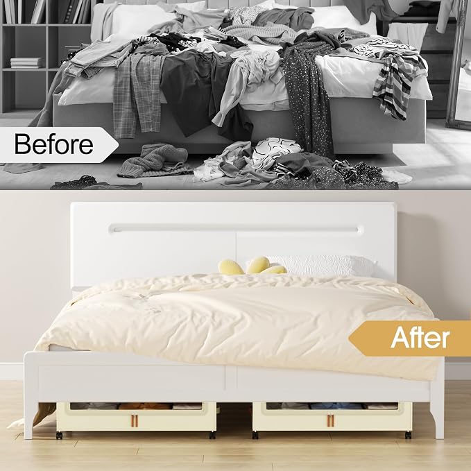 Yecaye Under Bed Storage with Wheels, 2 Pack Under the Bed Storage Containers with Lids & Label, XXL 60 L Rolling Underbed Storage Drawers for Clothes, Blankets, Shoes, Beige
