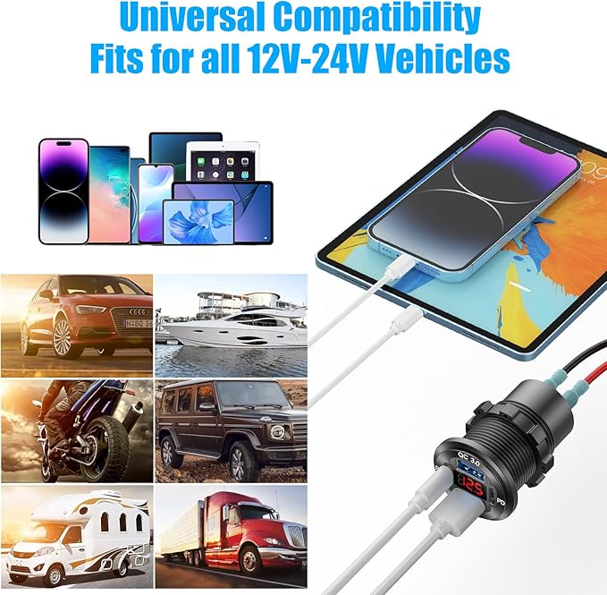 2 Pack 12V USB Outlet 4 Port Car Charger Socket, 78W Dual PD USB C and Dual Quick Charge 3.0 Port Aluminum Charger with Red Voltmeter DIY Kit Waterproof for Car Boat Marine Motorcycle RV Truck, etc