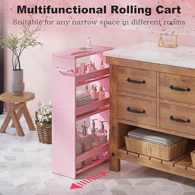 MARTY Rolling Storage Cart 7.9" W, 4-Tier Kitchen Cart with Wheels Handle, Slim Storage Cart Mobile Shelving Utility Carts for Bathroom Laundry Room Organization Narrow Places (Pink)