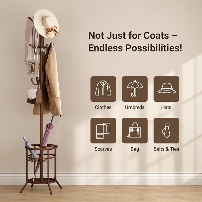 ELYKEN Coat Rack Freestanding, Metal Coat Rack Stand with Umbrella Holder, Modern Coat Tree with 12 Hooks, Floor Standing Corner Hall Tree for Entryway Living Room Bedroom Office, Brown
