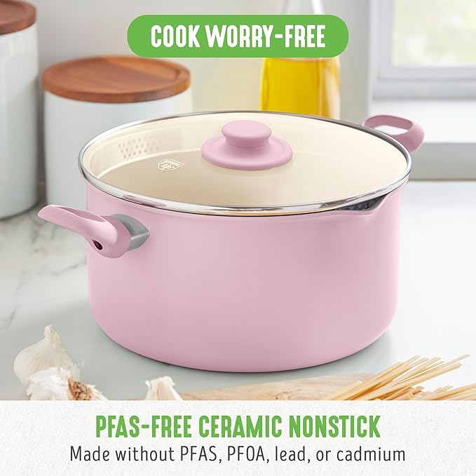 GreenLife 6QT Ceramic Nonstick Stockpot with Glass Straining Lid, PFAS-Free, Dishwasher Safe, Stay-Cool Handles, Oven Safe to 350°F, Wobble-Free Base, Even Heating, Pink