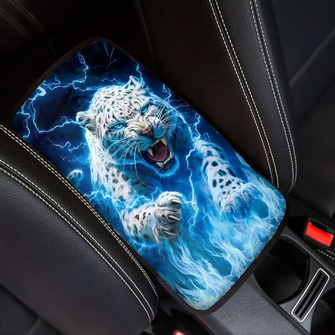 Lightning Leopard Print Car Arm Rest Cover Pad Dust-Proof Anti-Slip Center Console Cushion Pad Universal Car Interior Decor Accessories for Truck Sedan SUV, Easy to Install