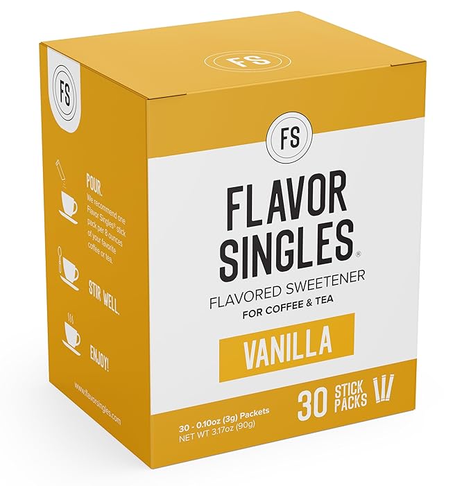 Flavor Singles Vanilla Powdered Sweetener Packets for Coffee & Tea, Travel Ready Single-Serve Syrup Alternative, 30 Count (Pack of 3)