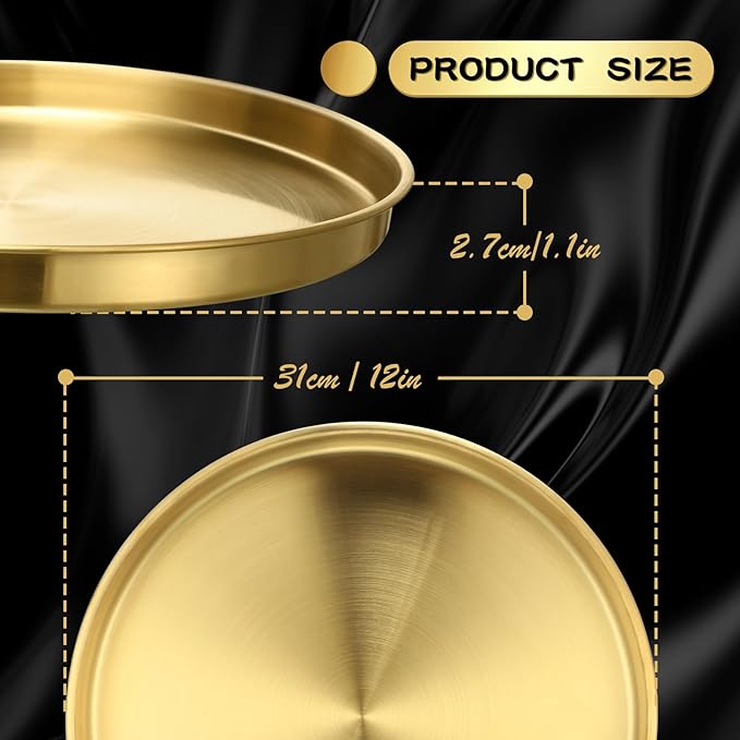 Thenshop 1 Pcs 12 Inch Gold Round Serving Tray Stainless Steel Circle Decorative Vanity Gold Plate Metal Jewelry Makeup Organizer Dishes for Gift Wedding Coffee Table Bathroom Dessert Christmas