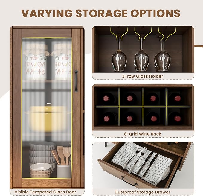 LOKO Farmhouse Coffee Bar Cabinet with Tempered Glass Door, 3-Row Glass Holder & 8-Grid Wine Rack, Buffet Sideboard with Wine Display, Rustic Brown
