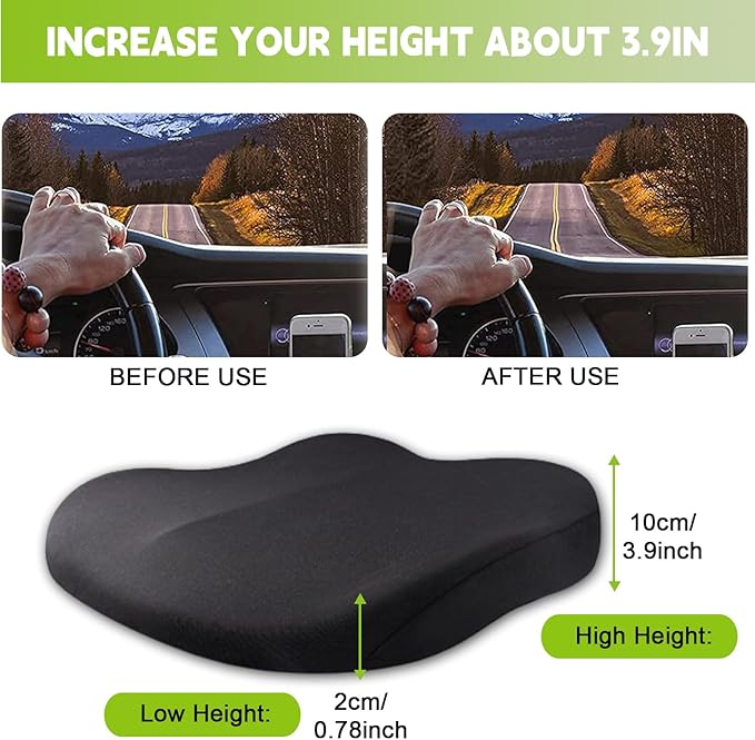 Car Seat Cushion for Adult, Car Booster Seat Pad for Short Drivers with Memory Foam, The Field of View by 3.9inch,Car Pillow for Driving Seat for Truck Office Chair Wheelchair (Black)
