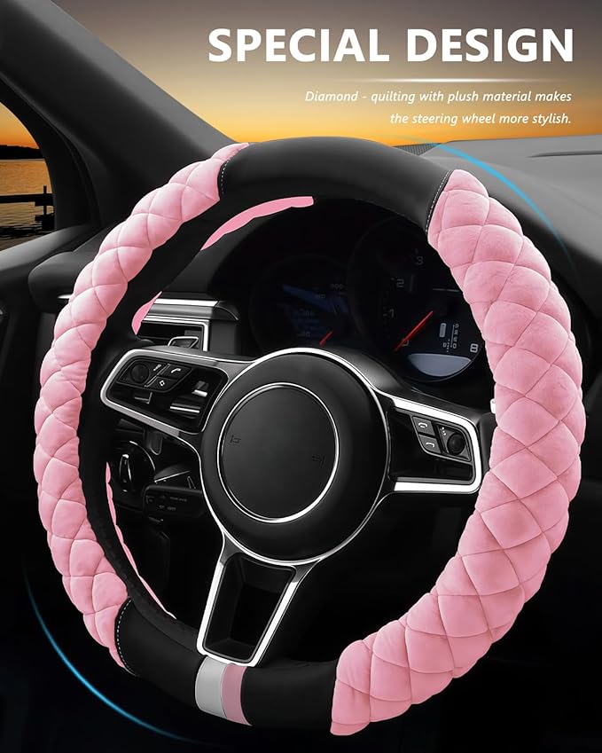 Cxtiy Universal Car Steering Wheel Cover Fluffy Winter Plush Steering Wheel Cover (A-Pink)