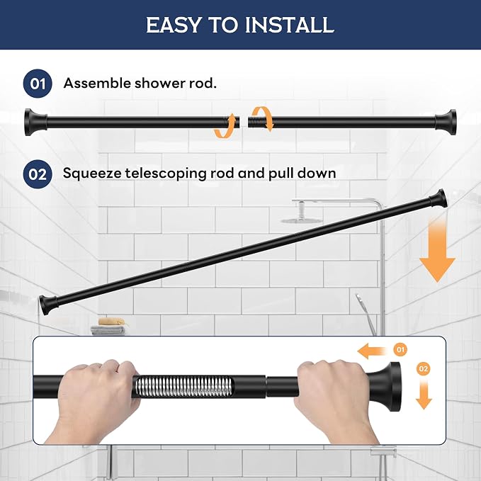 STARLATTA Adjustable Shower Curtain Rod 31-104 Inch, Never Rust Stainless Steel Black Tension Rod, 1" Heavy Duty No-Drill for Bathroom, Kitchen & Closet
