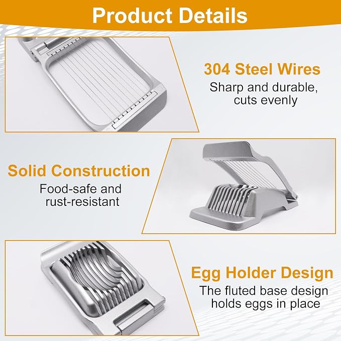 Egg Slicer for Hard Boiled Eggs, Food Slicer with 10 Stainless Steel Wires, Aluminum Alloy Heavy Duty Hard Boiled Egg Cutter for Soft Fruit Strawberry Butter Kiwi Home Use (1Pcs, Silver)