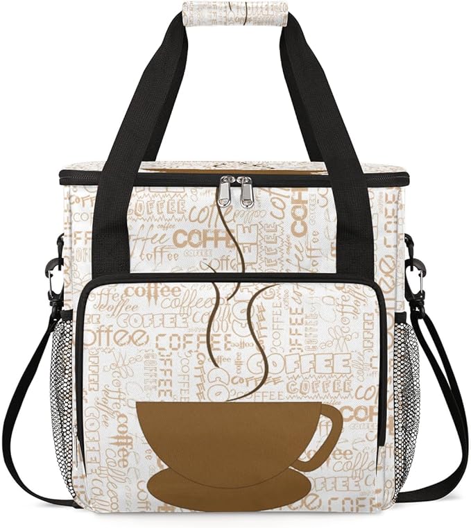 Coffee Cup Coffee Maker Carring Bag Coffee Texts Travel Carrying Storage Tote Bag Compatible with Keurig K-Mini or K-Mini Plus Portable Single Serve Coffee Brewer Case with Pockets for K-cup Pods