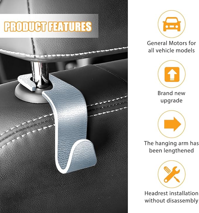 HZEL Car Seat Headrest Hook, 4PCS Vehicle Back Seat Hanger Hook for Purse Coat Umbrella, Multifunctional Auto Interior Storage Organizer Accessories, Universal for SUV RV Truck (Gray)