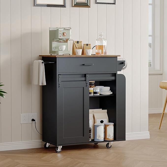 Kitchen Island with Storage, Kitchen Storage Cabinets with Charging Station, Kitchen Island on Wheels, Rolling Island Table with Sliding Cabinet Door, Black and Rustic Brown ZD01UBR
