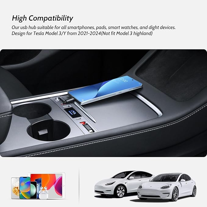 2 USB C Charging Hub for Tesla (White), Retractable 27W Fast Charger for iPhone 15 is Necessary Tesla Tesla Model 3/Y Accessories (2024-2021) but not Highland or Juniper Compatible