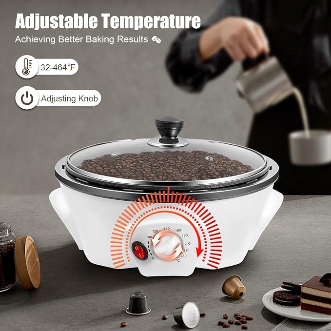 800W Coffee Roaster Electric Coffee Bean Baking Machine Tabletop Coffee Bean Roaster, 32-464℉, Large Capacity, Multi-functional, Round Coffee Roaster for Home Use, 500g Capacity