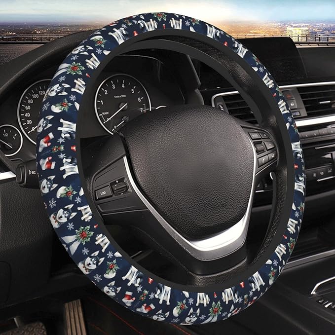 Siberian Husky Christmas Dog Neoprene Steering Wheel Covers Women Men Car Accessories, Universal 15 Inch Fit Auto, Suvs, Truck