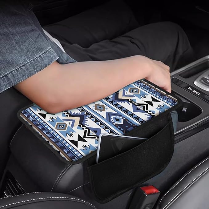 Dreaweet Aztec Armrest Cover for Car Universal Center Console Cover Replacement Blue Southwestern Navajo Tribal Geometric Arm Rest Cover Pad for Truck SUV Car Console Covers with 2 Storage Pockets