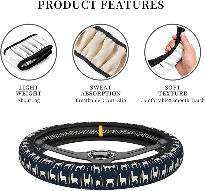 Llamas Pattern Car Steering Wheel Cover, 15 Inch Steering Wheel Cover Stylish Decor for Most Cars