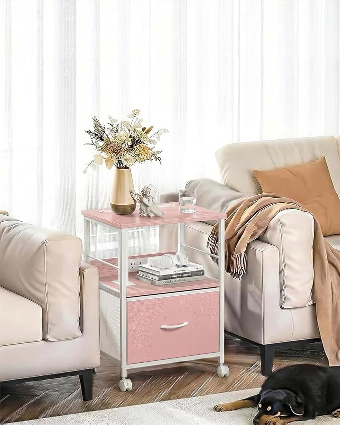 Faesun Swivel Lift Top Nightstand with Charging Station, Rolling Side Table for Recliner, Bedside Table with Wheels & a Fabric Drawer, for Small Spaces, for Bedroom, Living Room, Pink