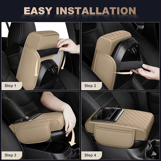 Center Console Cover Fit for RAV4 Faux Leather Car Armrest Cushion with Storage Bags, Cup Holder ＆ Phone Storage Multifunctional Middle Console Cover(Beige)