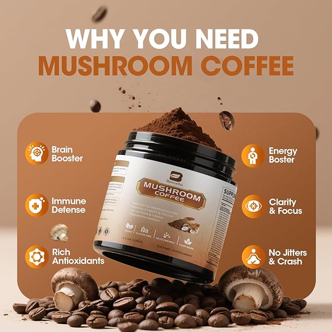 Mushroom Coffee Powder with MCT Oil - 10 Mushrooms Lion's Mane, Turkey Tail, Reishi, Cordyceps & Chaga - Arabica Instant Mushroom Coffee for Focus, Immune, Gut & Brain Health | Vegan, Keto