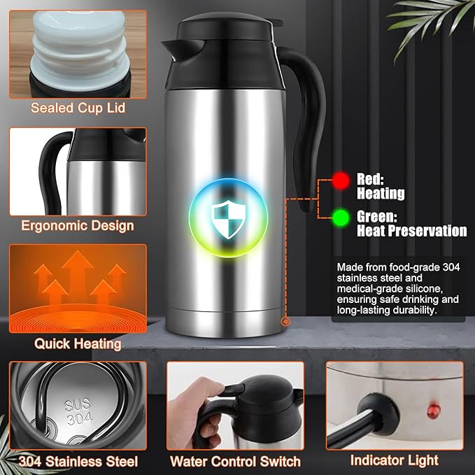 Car Electric Heating Cup 750ml Portable Stainless Steel Travel Mug, Insulated Water Cup, High Efficiency, Double Wall Vacuum Cup Body, High Grade Silicone Sealing Gasket (24V)