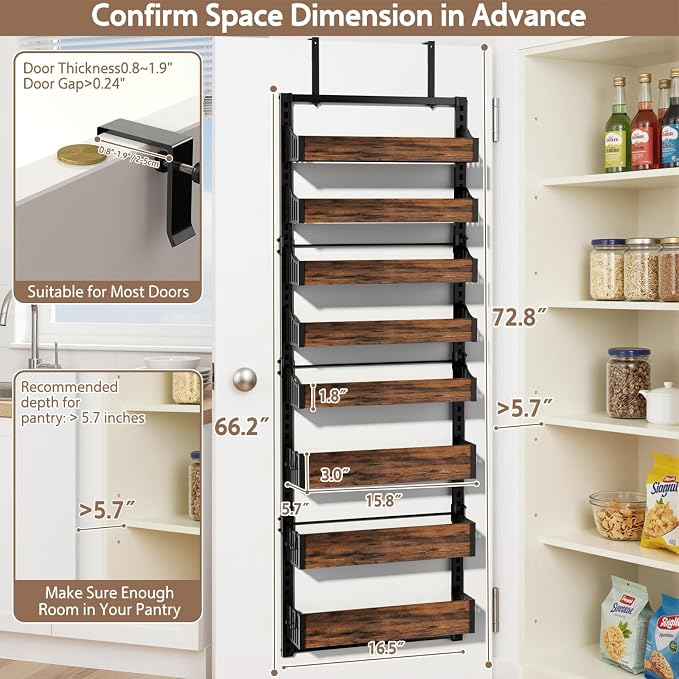 Over the Door Pantry Organizer: Pantry Organization and Storage with Hanging Basket - 8-Tier Adjustable Shelves Metal Spice Rack for Kitchen Laundry Room Bedroom & Bathroom