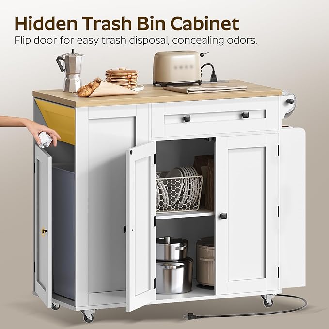Kitchen Island with Storage, Mobile Rolling Cart with Trash Can Storage, Kitchen Island on Wheels, Rolling Island Table with Charging Station, Paper Holder, for Kitchen, White ZD02UWN