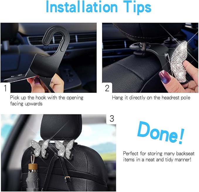 2 Pack Butterfly Bling Car Seat Headrest Hooks for Purses and Bags Aesthetic Design Car Hooks Rhinestones Hanger for Car Back Seat Organizer Storage Hook Bling Car Accessories（Light Brown）