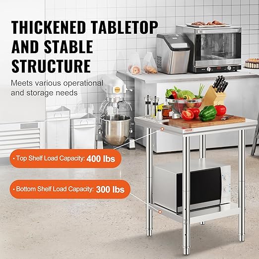 VEVOR Stainless Steel 24 x 24 x 32 Inch Commercial Kitchen Prep & Work Table Heavy Duty Metal Work Table with Adjustable Feet for Restaurant, Home and Hotel