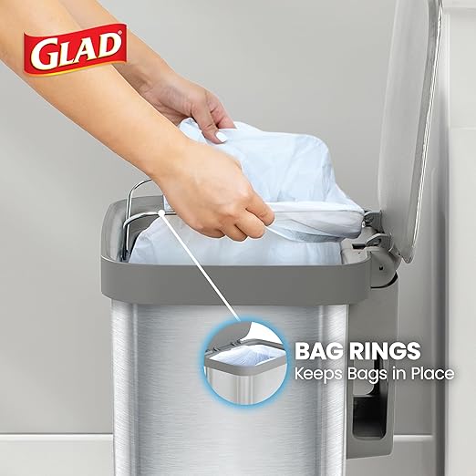 Glad 13 Gallon All Brushed Stainless Steel Trash Can with Clorox Odor Protection | Large Metal Kitchen Garbage Bin with Soft Close Lid, Garbage Bag Rings, Step On Foot Pedal and Waste Bag Roll Holder