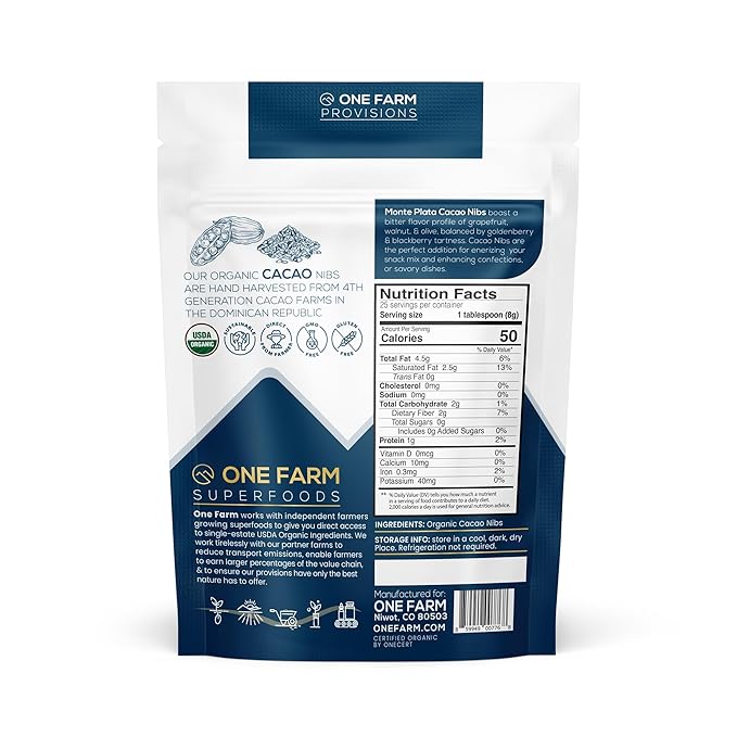 One Farm by WAAYB Organic Cacao Nibs, Single Estate, Non-GMO, Fair-Trade, Vegan, Gluten Free, 100% Raw Rizek Cacao Nibs in Resealable Bag - 7 oz (25 servings)
