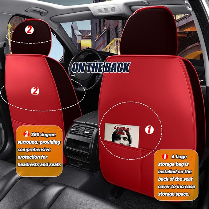 Car Seat Covers Full Set 3D Foam Back Support, 5 Seats Universal Fit for Most Cars, Nappa Leather Car Seat Cushion Super Breathable, Storage Bags, All Season, Black Red Car Seat Cover