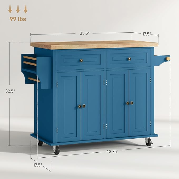 HOMCOM Kitchen Island Cart with Rubber Wood Top, Rolling Kitchen Island Table on Wheels with Drawers, Adjustable Shelves, Spice Rack and Towel Rack for Dining Room, Turquoise